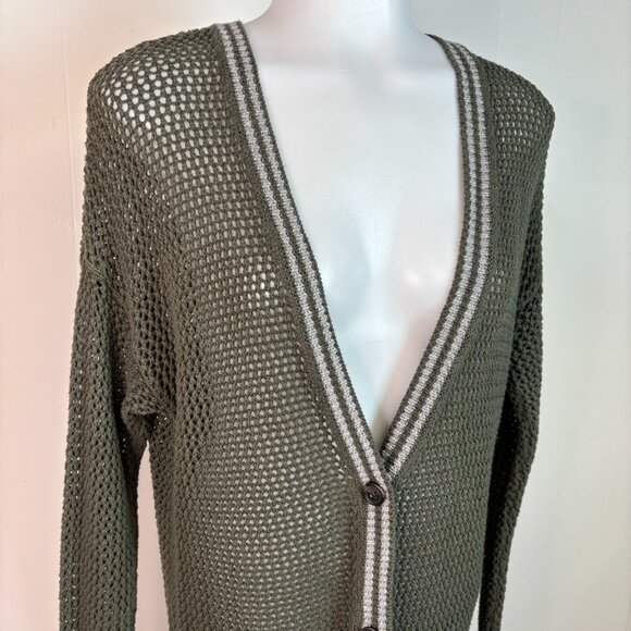 American Eagle Cardigan Medium Green Longline Varsity Open-Knit Sweater Cotton - Picture 2 of 8